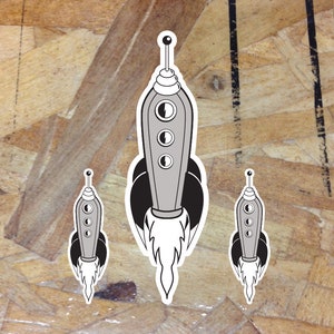 Vintage Rocket Spaceship Gray Travel Decal Sticker RV Camper Trailer Luggage 5&quot;