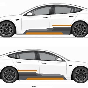 May include: White electric car with gray and orange accent stripes along the lower side panels. The car has black wheels and tinted windows. The design is a side view of the vehicle.