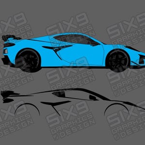 May include: A light blue sports car illustration with black wheels and a spoiler, set against a gray background. Below, a black outline of the same car is visible. The text "SIX9 GRAPHICS DESIGN" is repeated around the images.