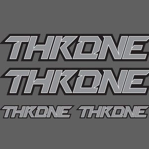 May include: Three black and white graphic designs of the word "THRONE" in a bold, stylized font.