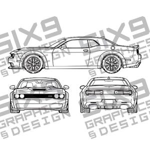 Può includere: Disegno al tratto di un'auto sportiva in tre viste: laterale, frontale e posteriore. L'auto ha un design aerodinamico con ruote grandi e uno spoiler. L'immagine include il testo "SIX9 GRAPHICS DESIGN".