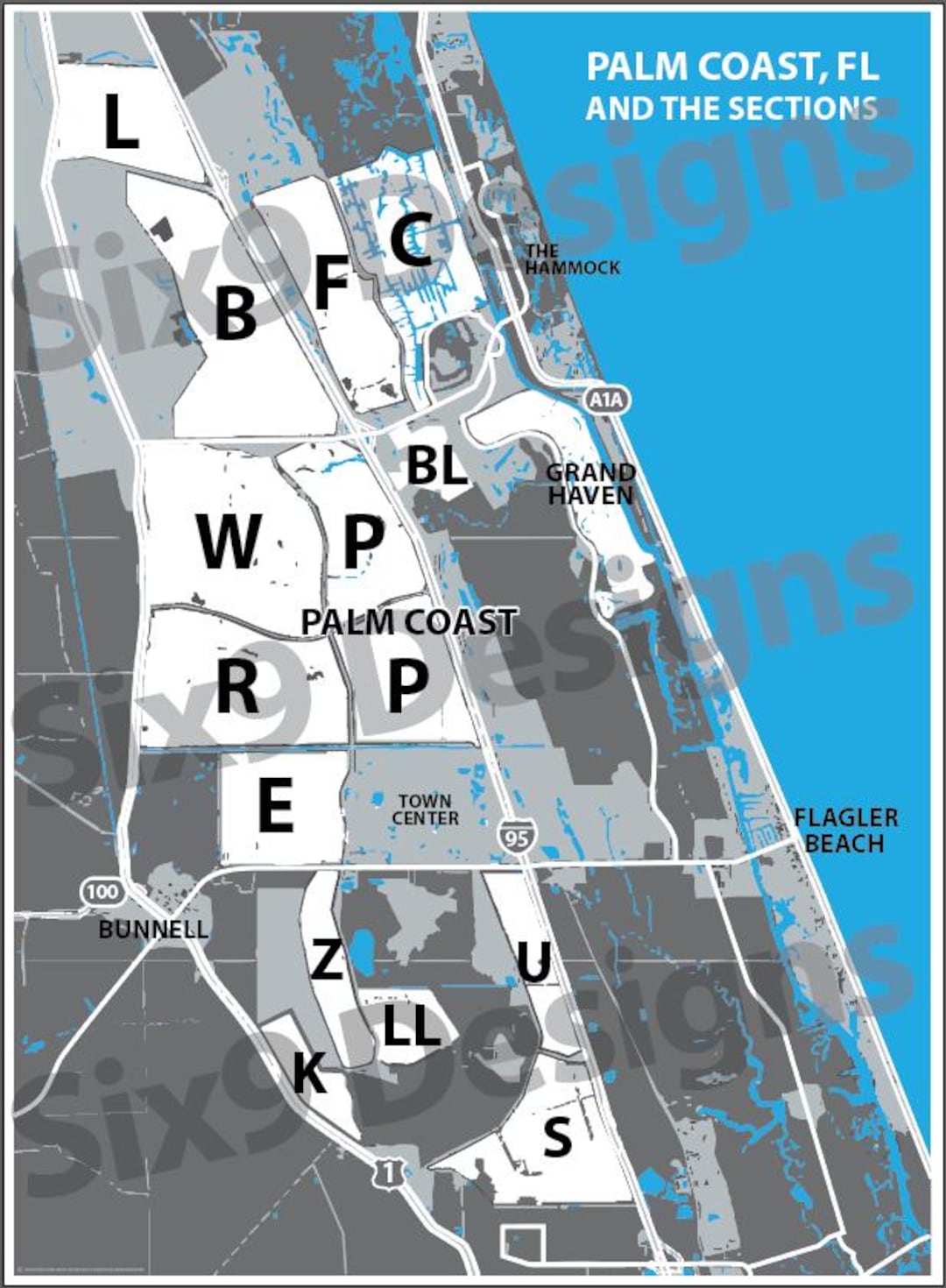 Palm Coast, Florida, FL Sections Map Custom Designed Art Poster or ...