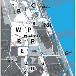 Palm Coast, Florida, FL Secties kaart op maat ontworpen kunstposter of zelfklevend, klaar om te monteren of in te lijsten. Aanpasbaar. DIGITALE DOWNLOAD.