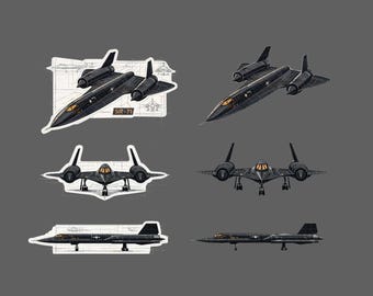 May include: A collection of black SR-71 Blackbird aircraft illustrations in various angles. Some illustrations are on a white background, while others are isolated. The SR-71 is a long-range, Mach 3+ strategic reconnaissance aircraft.