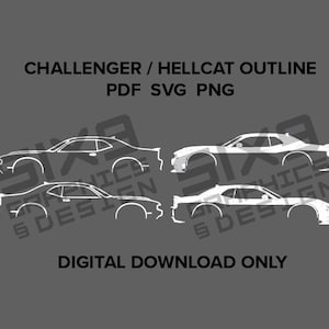 Może przedstawiać: Cztery białe ilustracje konturowe samochodów Challenger/Hellcat na szarym tle. U góry tekst "CHALLENGER / HELLCAT OUTLINE PDF SVG PNG", a na dole "DIGITAL DOWNLOAD ONLY".