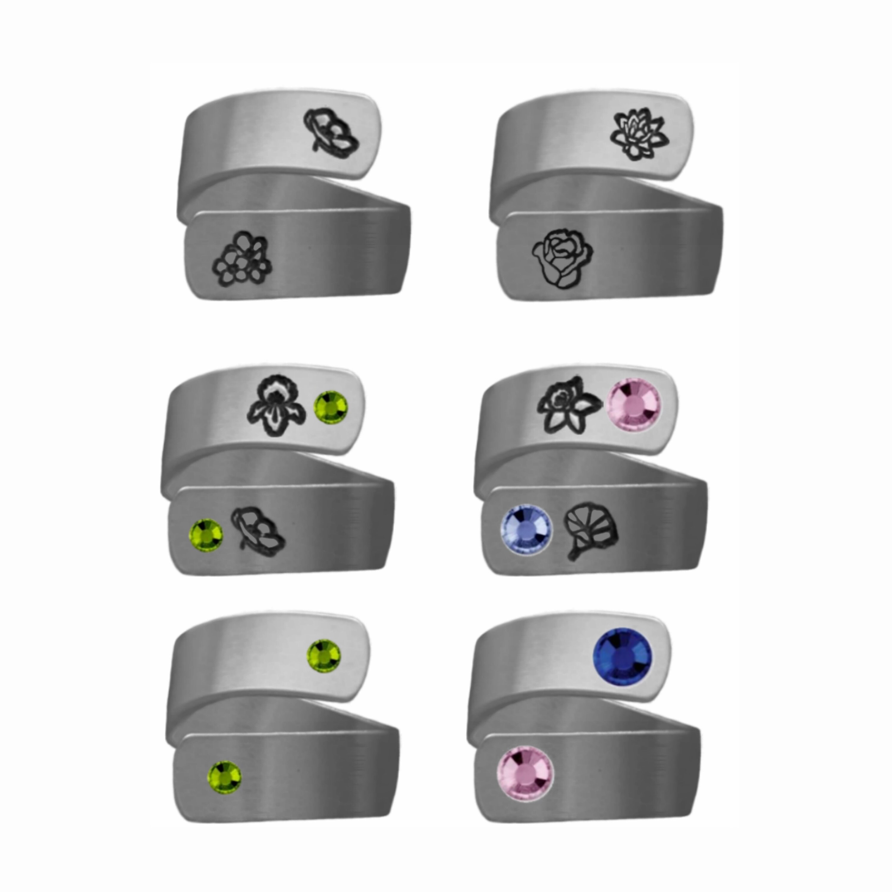 Wrap Around Ring, Birth month flower, Birth month crystal, With or without Crystal, Hand stamped, Aluminum