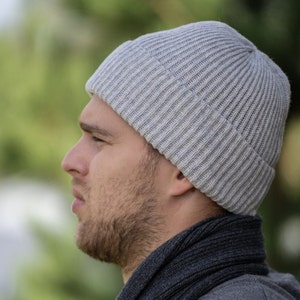 Grey merino wool knit fisherman hat, ribbed cuffed beanie, winter hat for man, minimalist watch cap for outdoor activities