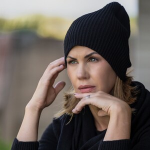 Black beanie hat, knit slouchy beanie, soft merino wool unisex fisherman hat, warm handmade cap, ribbed winter hat for outdoor activities