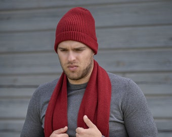 Red merino wool fisherman beanie for man, unisex hand knit ribbed docker hat, mens watch cap, autumn winter cuff beanie hat