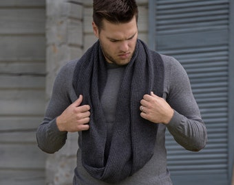 Chunky knit grey hooded scarf, soft merino wool infinity scarf, cowl neck warmer, cashmere shawl, winter snood for men