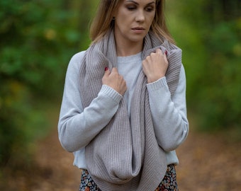 Cashmere loop scarf, beige merino wool hooded cowl scarf, warm shoulder wrap, infinity tube scarf, scarves for women