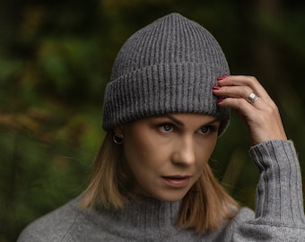 Fisherman beanie, grey cashmere slouchy beanie hat, cashmere beanie, merino wool handmade hat, natural woolen unisex winter hat for couple