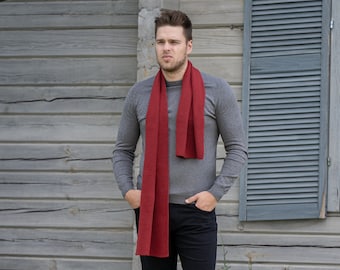 Red ribbed scarf for man in merino wool, knit pure wool classic mens scarf, outdoor neck warmer, open ended scarf