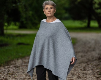 Grey poncho wrap, wool pullover poncho, oversized merino blanket sweater, cashmere cape wrap, knitted woolen throw, v-neck wrap poncho