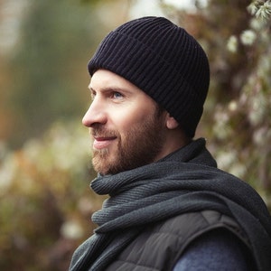 Dark cashmere fisherman beanie, merino wool beanie man, knit brown slouchy beanie hat image 2