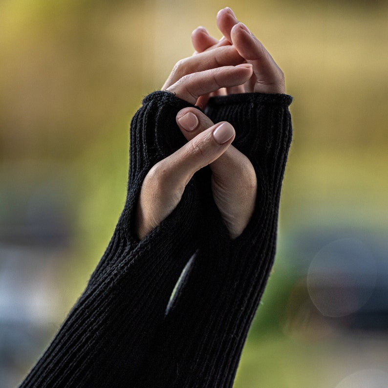 Brown cashmere fingerless gloves, handmade knit wool wrist warmers, half finger glove, dark no thumbs knit arm warmers, merino hand warmers image 4