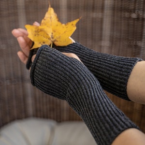 Brown cashmere fingerless gloves, handmade knit wool wrist warmers, half finger glove, dark no thumbs knit arm warmers, merino hand warmers image 6