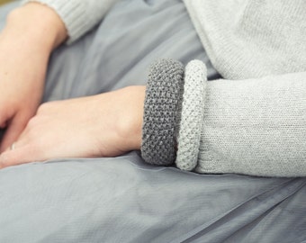 Boho wool wood bangle bracelet, knit zero waste gifts