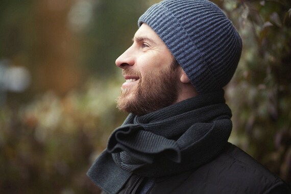 Fisherman Beanie Hat, Grey Cashmere Beanie, Man Cashmere Hat, Hand Knit Merino Wool Beanie for Man