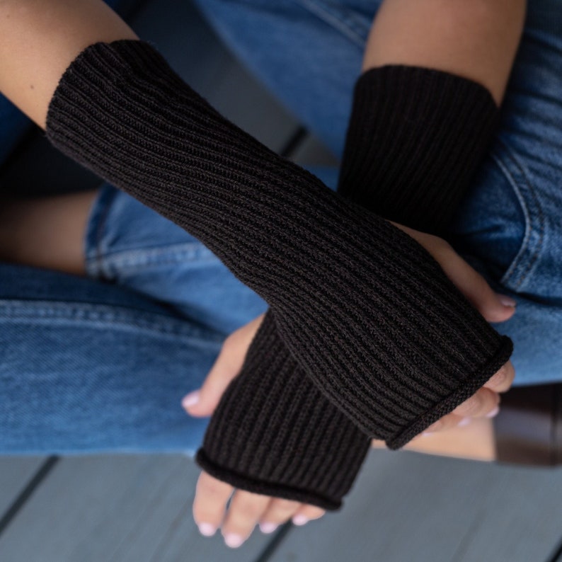 Brown cashmere fingerless gloves, handmade knit wool wrist warmers, half finger glove, dark no thumbs knit arm warmers, merino hand warmers image 1