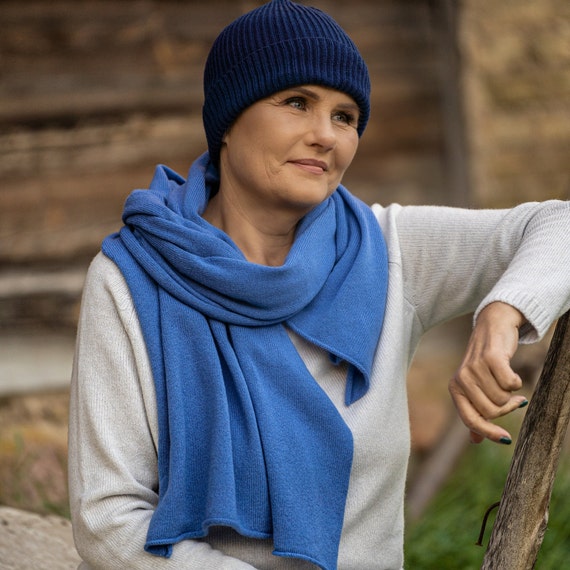 Knitted Ribbed Hat With Folded up Cuff, Blue Cashmere Merino 