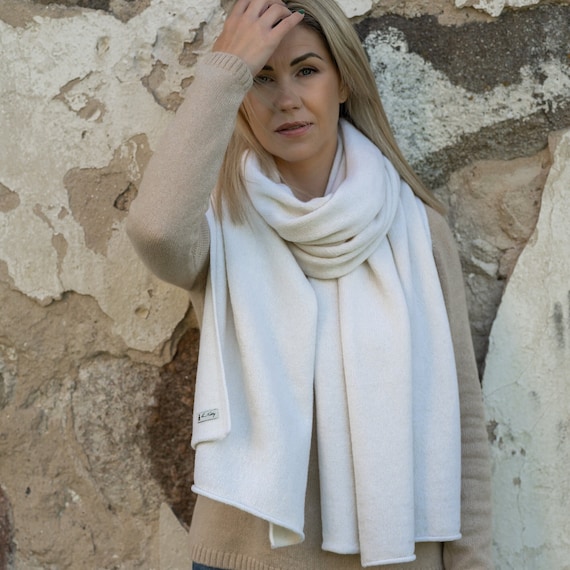 Sciarpa Unisex Lana, Seta E Cashmere Bianco A Coste Tinta Unita - Foto 4