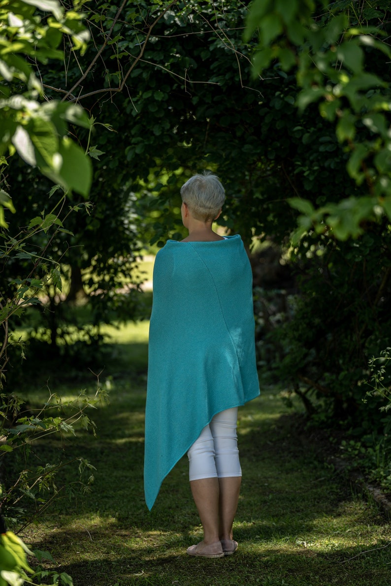 Turquoise poncho cape wrap, knit merino wool summer cover up, beach poncho sweater, resort wear cover image 5