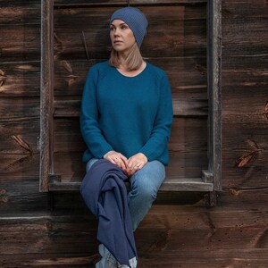 Blue cashmere fisherman beanie, merino wool hat, knit slouchy beanie, handmade booble hat, winter Christmas gift for women image 5