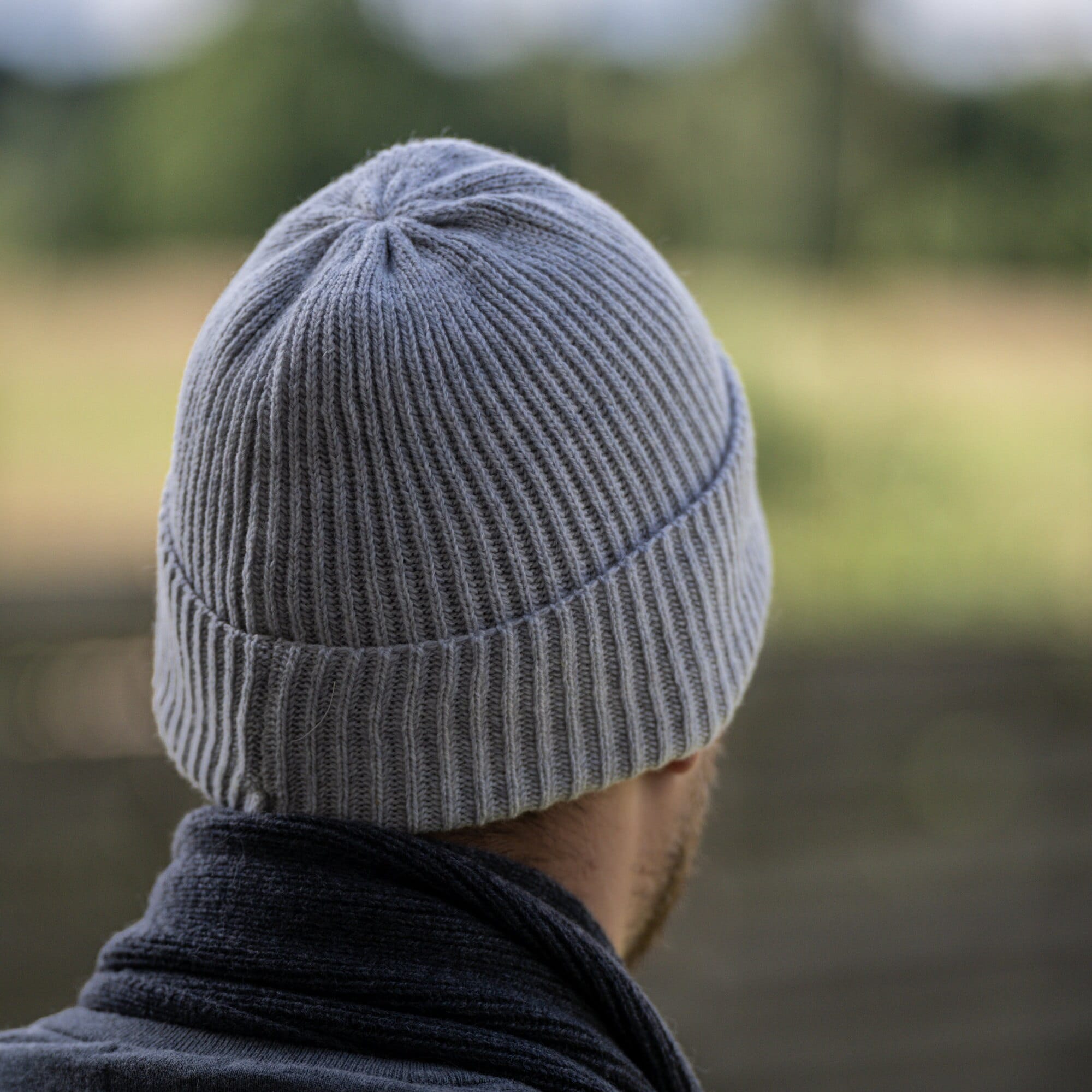 Grey Merino Wool Knit Fisherman Hat, Ribbed Cuffed Beanie 