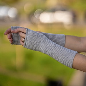 Brown cashmere fingerless gloves, handmade knit wool wrist warmers, half finger glove, dark no thumbs knit arm warmers, merino hand warmers image 8