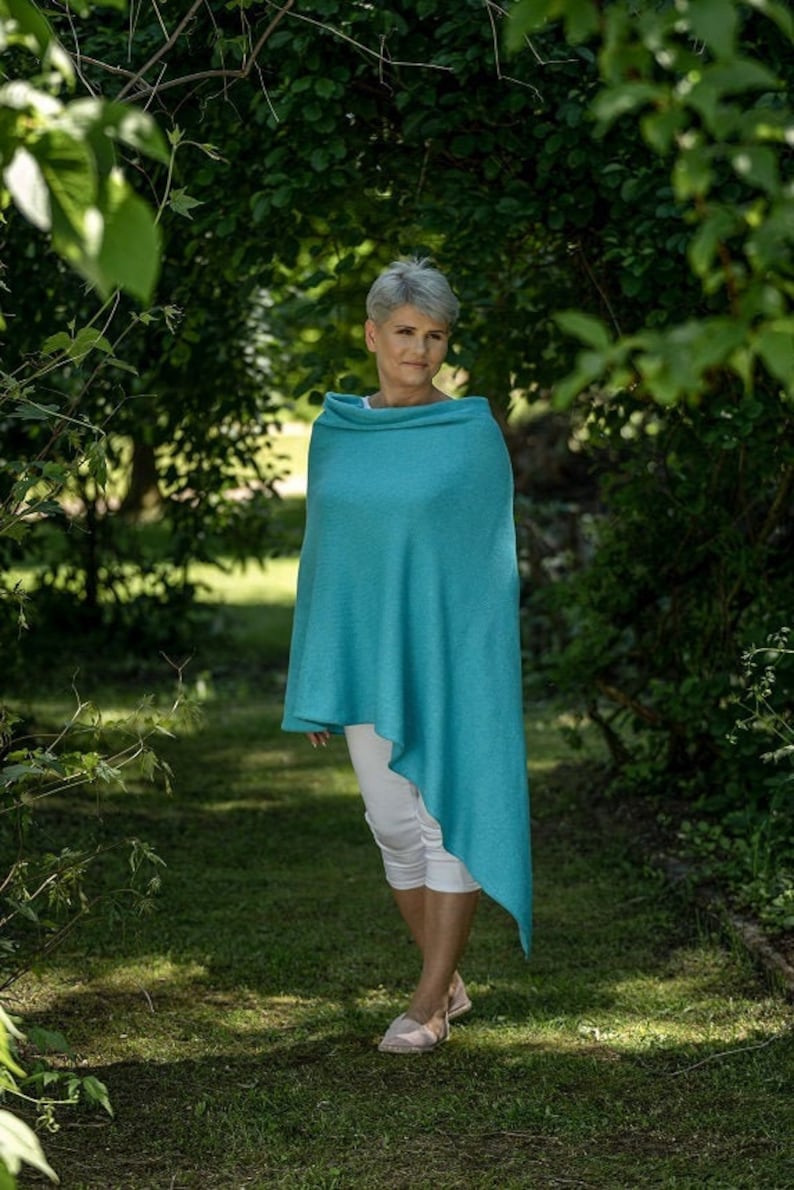 Turquoise poncho cape wrap, knit merino wool summer cover up, beach poncho sweater, resort wear cover image 1