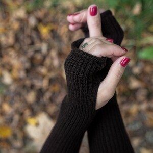 Brown cashmere fingerless gloves, handmade knit wool wrist warmers, half finger glove, dark no thumbs knit arm warmers, merino hand warmers image 2