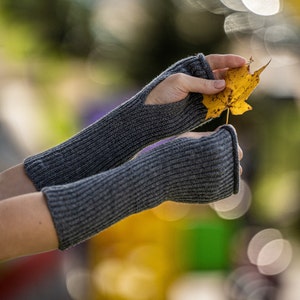 Grey cashmere fingerless gloves, knit wool wrist warmers, long gloves for women, wollen mittens, half finger gloves, hand warmers image 1