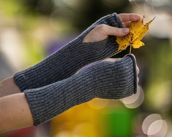 Grey cashmere fingerless gloves, knit wool wrist warmers, long gloves for women, wollen mittens, half finger gloves, hand warmers