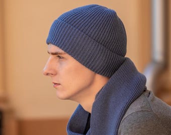 Mens wool beanie cap, merino wool fisherman beanie, cable knit beanie hat, warming gift for him, hand knitted winter cap, wool watchman cap