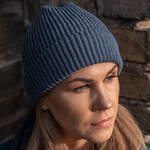 Blue cashmere fisherman beanie, merino wool hat, knit slouchy beanie, handmade booble hat, winter Christmas gift for women image 4