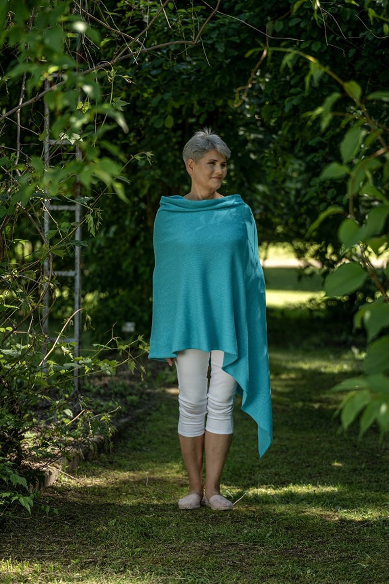 Turquoise poncho cape wrap, knit merino wool summer cover up, beach poncho sweater, resort wear cover Turquoise