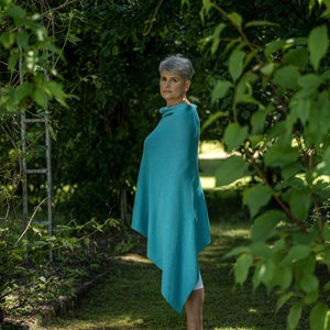 Turquoise poncho cape wrap, knit merino wool summer cover up, beach poncho sweater, resort wear cover image 4
