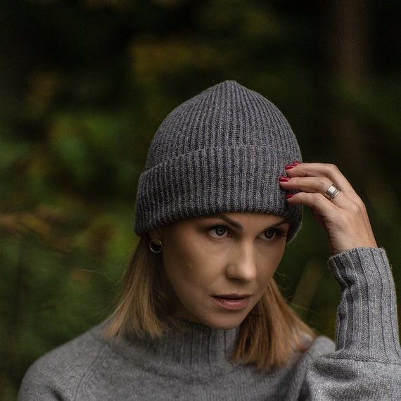 Fisherman beanie, grey cashmere slouchy beanie hat, cashmere beanie, merino wool handmade hat, natural woolen unisex winter hat for couple