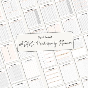 May include: A digital printable planner designed for people with ADHD. The planner includes pages for daily tasks, habit tracking, weight loss, spending, water intake, and more. The planner is designed to help people with ADHD stay organized and on track.