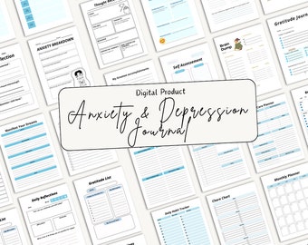 May include: A digital printable journal for managing anxiety and depression. The journal includes pages for daily reflections, gratitude lists, thought records, problem discovery, self-assessment, brain dumps, care planning, and more. The pages are white with blue accents.