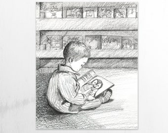 Baby Boy Reading - PRINT OR ORIGINAL - Pencil Sketch