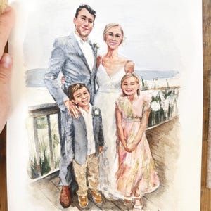 May include: Watercolor portrait of a family of four, featuring a man in a gray suit, a woman in a white wedding dress, a young boy in a gray blazer, and a girl in a pink dress. The artwork is set against a beach backdrop.