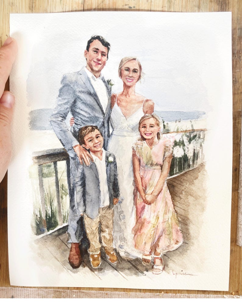 May include: Watercolor portrait of a family of four, featuring a man in a gray suit, a woman in a white wedding dress, a young boy in a gray blazer, and a girl in a pink dress. The artwork is set against a beach backdrop.