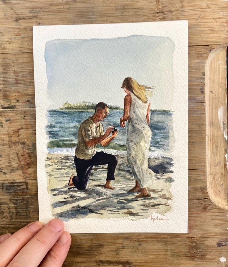 May include: Watercolor painting of a marriage proposal on a beach. A person kneels, presenting a ring to another person standing by the ocean. The artwork features soft blues, greens, and sandy tones, capturing a romantic moment.