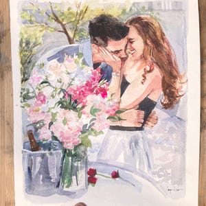 May include: Watercolor painting of a couple embracing, surrounded by pink and white flowers. The artwork features a man and woman in a tender moment, with a champagne bucket and a vase of flowers. The style is soft and romantic.