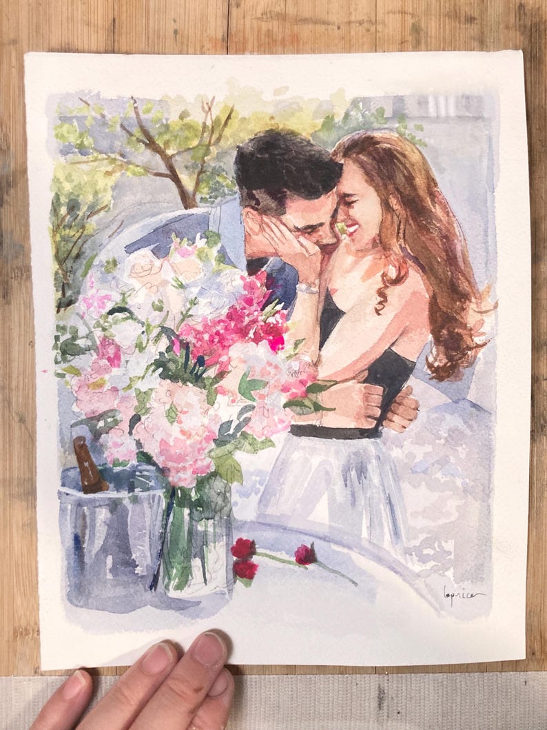 May include: Watercolor painting of a couple embracing, surrounded by pink and white flowers. The artwork features a man and woman in a tender moment, with a champagne bucket and a vase of flowers. The style is soft and romantic.