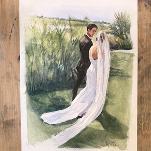 May include: Watercolor painting of a wedding scene. A couple stands in a field of tall green grass. The bride wears a white dress and veil. The groom is in a black suit. The background features a blue sky and green foliage.