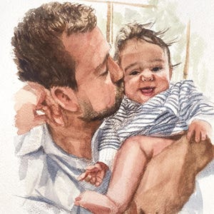 May include: Watercolor painting of a person kissing a baby on the cheek. The baby is wearing a blue and white striped shirt and smiling. The painting has a soft, warm color palette.