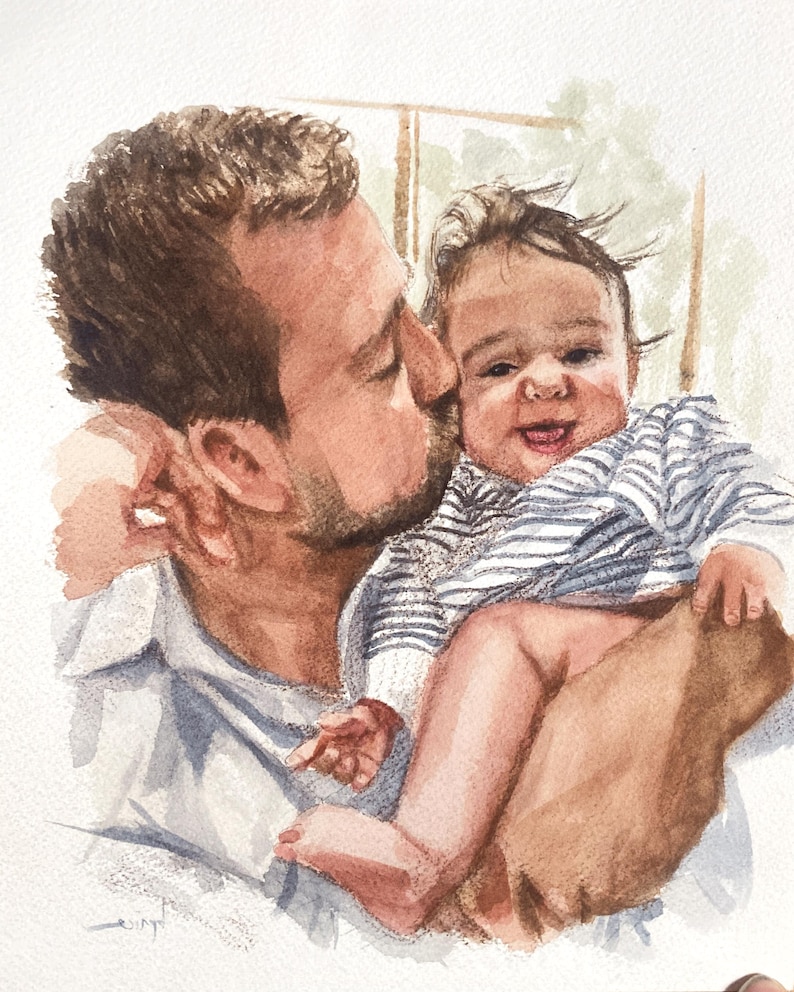 May include: Watercolor painting of a person kissing a baby on the cheek. The baby is wearing a blue and white striped shirt and smiling. The painting has a soft, warm color palette.
